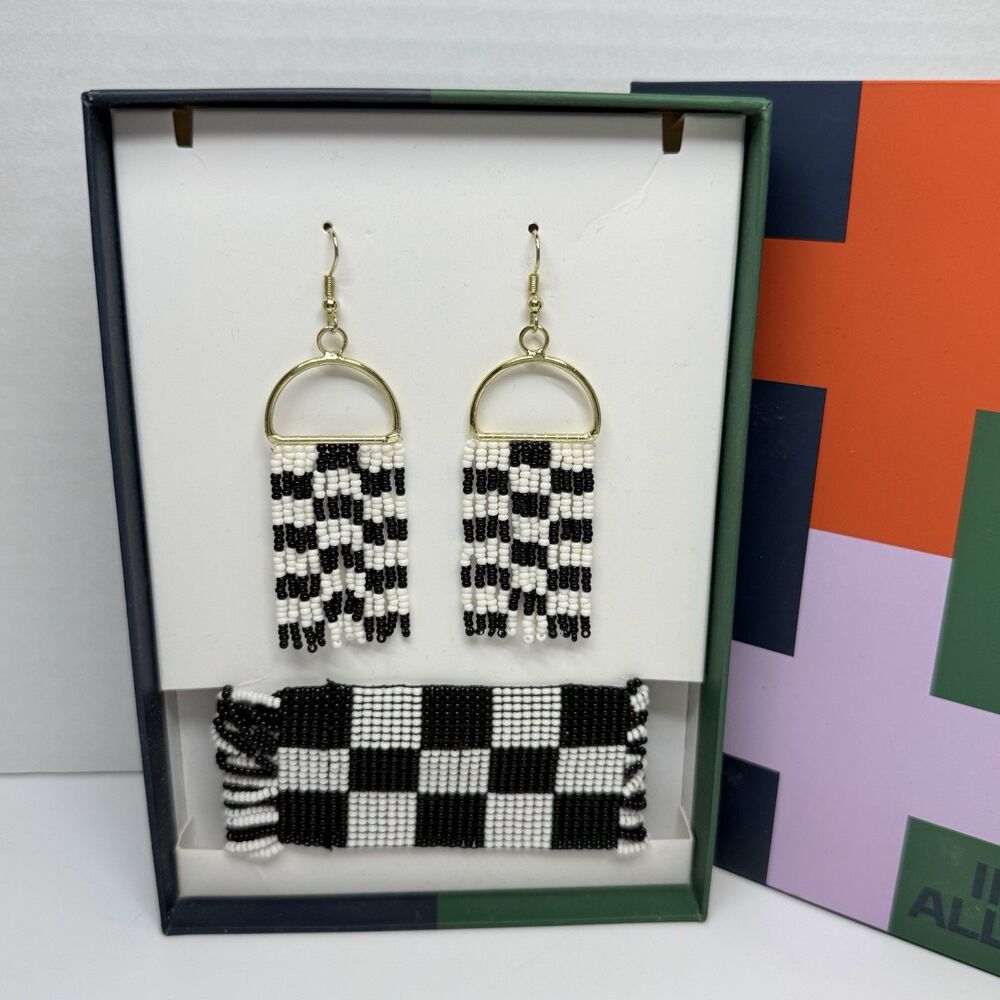 INK + ALLOY Black & White Checkered Beaded Wide Bracelet & Earring Set New - Picture 2 of 7